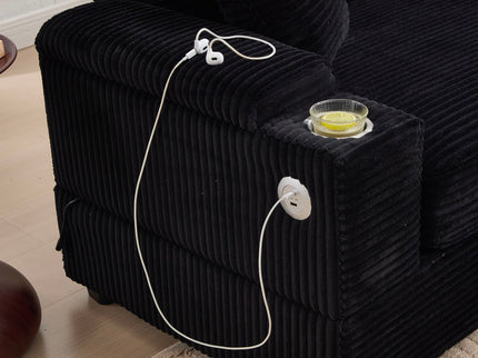 Convertible Sectional Sofa Bed Set With Armrest Storage, Cup Holder, USB - Black