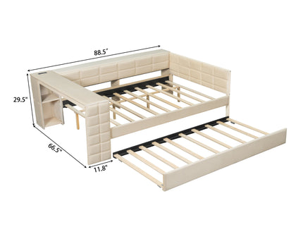 Upholstered Platform Bed With Storage Shelves, Desk, Charging Station And Trundle