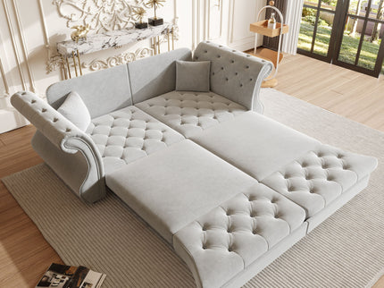 Oversized Chesterfield Pull Out Sofa Bed, Roll Arm Couch With Flower Tufting For Living Room