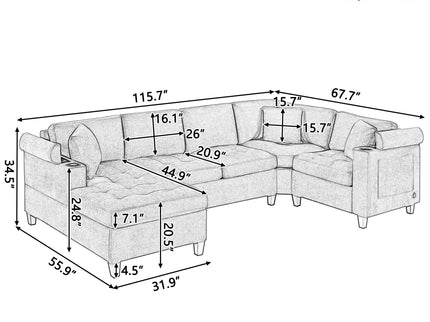 U Shaped Sectional Sofa, Corner Living Room Couch With Built In Cup Holders, Storage, USB Ports
