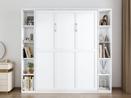 Queen Murphy Bed With Storage Cabinet, Foldable Wall Bed For Bedrooms - White
