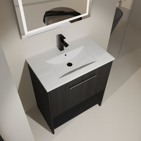 Modern Bathroom Vanity With Ceramic Sink, Freestanding Cabinet, Soft Closing Doors