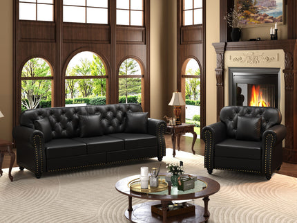 Upholstered Sofa With Nailhead Trim, Rolled Armrests With Ottoman