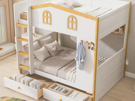 Bunk Bed With House Shaped Guardrails, Storage Shelves, And Trundle