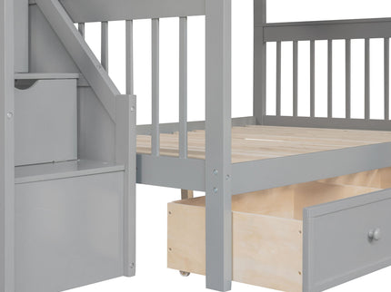 Solid L Shaped Bunk Bed With 3 Drawers, Ladder And Staircase