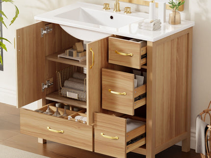 36" Bathroom Vanity, 2 Soft Close Doors, 4 Soft Close Drawers, Adjustable Shelf, Storage Cabinet - Acacia Wood