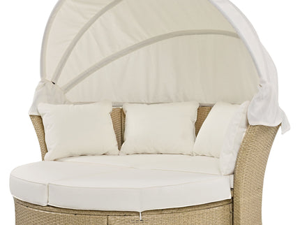 Outdoor Patio Daybed Wicker Rattan Double Daybed Round Sofa Furniture Set With Retractable Canopy, 4 Pillows For Lawn Garden