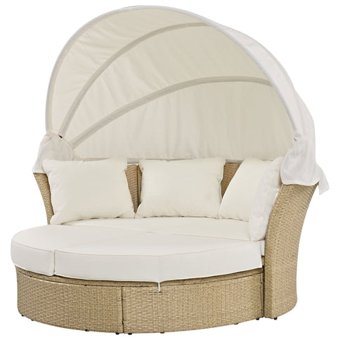 Outdoor Patio Daybed Wicker Rattan Double Daybed Round Sofa Furniture Set With Retractable Canopy, 4 Pillows For Lawn Garden