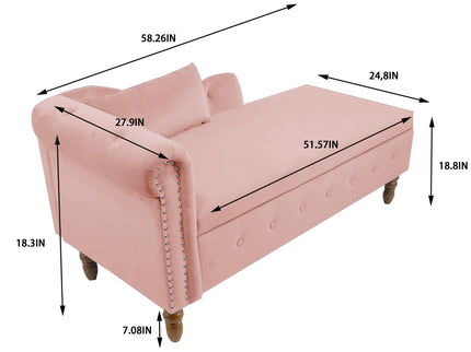 Chaise Lounge Indoor, Lounge Chair For Bedroom With Storage & Pillow, Modern Upholstered Rolled Arm Chase Lounge For Sleeping With Nailhead Trim For Living Room Bedroom Office