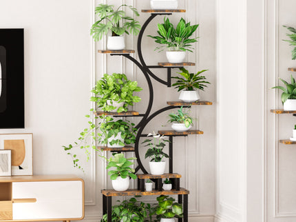 S - Shaped, 10 Tier Plant Stand With 5 Grow Lights - Deep Rustic Brown