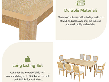 Topmax - Rustic Extendable Dining Table Set With Removable Leaf, 6 Upholstered Armless Dining Chairs And 2 Padded Arm Chairs, 9 Pieces