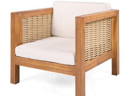 Outdoor Club Chair With Rope Arm And Cushions - Beige / Teak