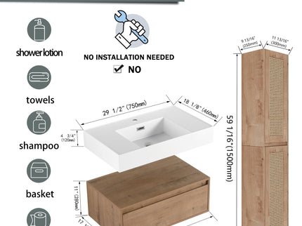 Modern Imitative Wall Mounted Bathroom Vanity With Resin Sink & 2 Side Cabinet, Soft Close Drawer - Imitative Oak