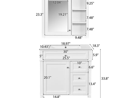 Bathroom Vanity With Top Sink, 2 Doors And 3 Drawers, Freestanding Set With Mirror Cabinet