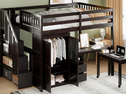 Loft Bed With Stairs, Bookshelf, Drawers, Desk & Wardrobe, Space Saving Multifunctional Furniture