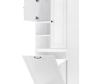 Modern Tall Storage Cabinet With Adjustable Shelves, Flip-Out Basket & Enclosed Doors