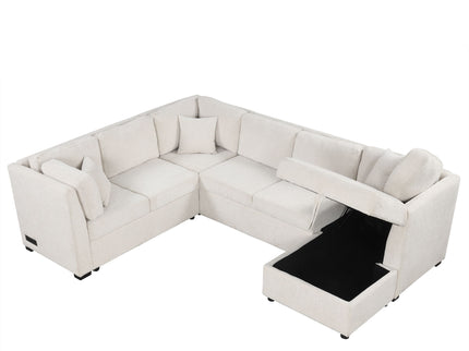 U-Shaped Sectional Sofa Pull Out Sofa Bed With Two USB Ports, Two Power Sockets, Three Back Pillows And A Storage Chaise For Living Room