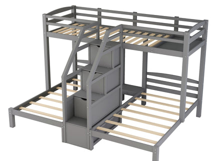 Twin Over Twin & Twin Bunk Bed With Built In Staircase And Storage Drawer - Gray