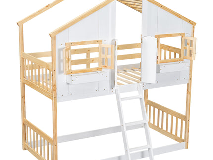 House Bunk Bed With Roof, Window, Window Box, Door, With Safety Guardrails And Ladder