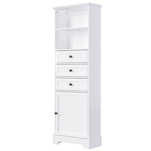 Tall Storage Cabinet With 3 Drawers And Adjustable Shelves For Bathroom