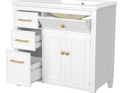 Modern Bathroom Vanity With Ceramic Sink, Freestanding, One Tip Out Drawer, 3 Side Drawers, Adjustable Shelf