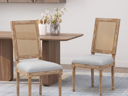 French Country Dining Chair With Rectangular Cane Backrest And Smooth Upholstered Seating