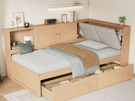 Twin L - Shaped Daybed With Storage Bookcase, Upholstered Headboard, USB Charging Ports & Hidden Drawers - Natural