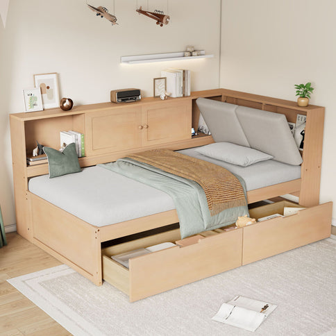Twin L - Shaped Daybed With Storage Bookcase, Upholstered Headboard, USB Charging Ports & Hidden Drawers - Natural