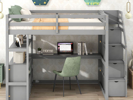Loft Bed With Desk, Shelves, 2 Drawers, Storage Staircase