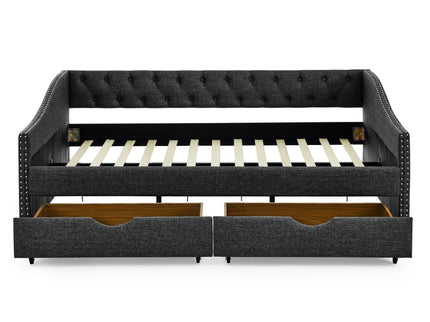 Upholstered Tufted Daybed With 2 Drawers, Waved Arms