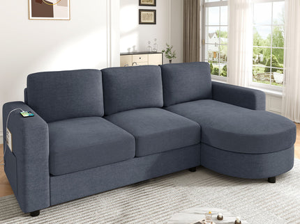 Modern L-Shaped Sectional Sofa With Curved Chaise, USB Ports, And Side Storage Pockets