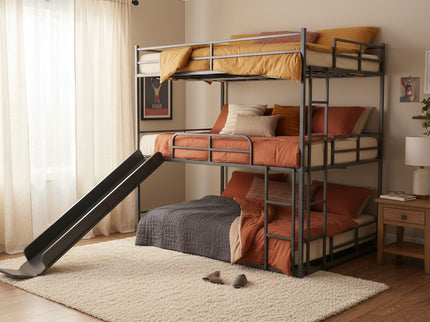 Twin Size House Loft Bed With Slide And Ladder - Black