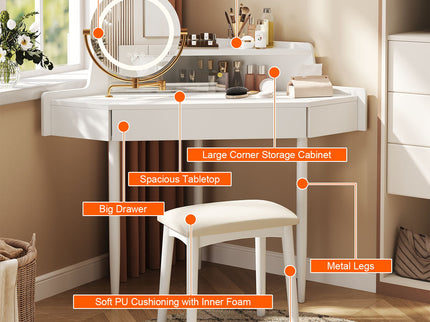 Modern Corner Makeup Vanity Desk With Large Storage, LED Mirror & Stool, Adjustable Brightness, Space Saving - White