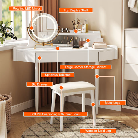 Modern Corner Makeup Vanity Desk With Large Storage, LED Mirror & Stool, Adjustable Brightness, Space Saving - White