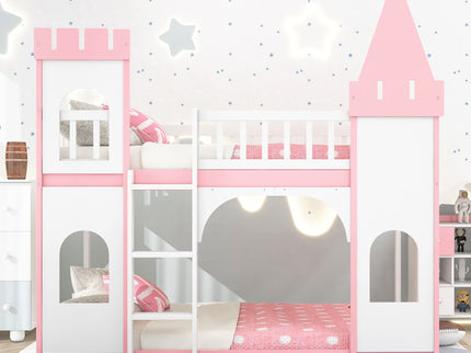 Twin Over Twin Castle Bunk Bed With Ladder - Pink