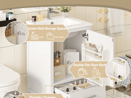 Bathroom Vanity With Ceramic Sink, Soft Close Drawers, Door Organizer, Divider Drawer, Adjustable Foot Pads