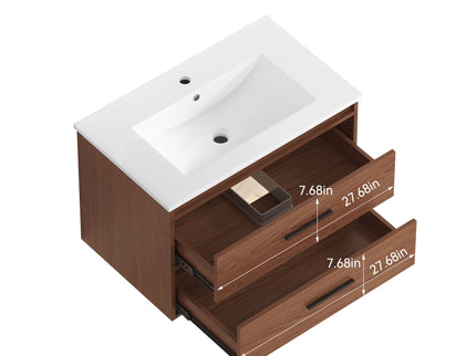 Wall Mounting Bathroom Vanity With Soft Close 2 Drawer, Sink - Reddish Brown