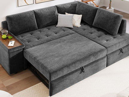 L Shaped Couch With Pull Out Bed And Storage Sectional Sleeper Sofa With Hidden Storage, Wide Armrest With Storage, For Living Room, Apartment, Bedroom, Office