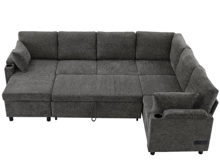 U-Shaped Sectional Sleeper Sofa With Ample Storage Space, 2 Cup Holders And Charging Ports For Living Room