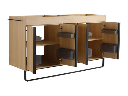 58" Freestanding Bathroom Cabinet With 4 Soft Close Doors & 3 Open Racks (Vanity Only, No Sink) - Oak