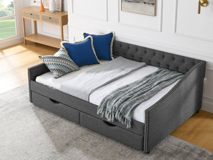 Upholstered Tufted Daybed With 2 Drawers, Waved Arms