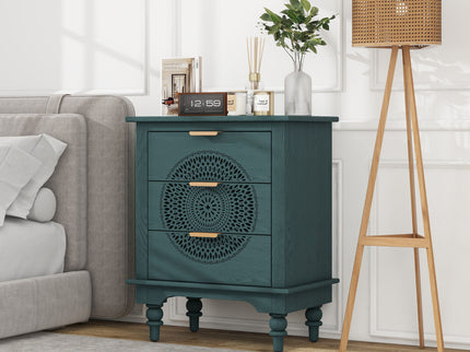 Hollow Carved 3 Drawer Dresser With Metal Handles, Storage Chest For Living Room Or Bedroom - Blackish Green