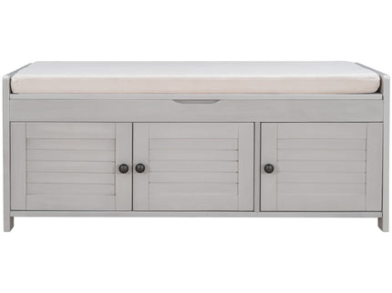 Storage Bench With 3 Shutter-Shaped Doors, Shoe Bench With Removable Cushion And Hidden Storage Space