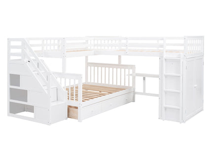 L Shaped Bunk Bed With 3 Drawers, Portable Desk And Wardrobe