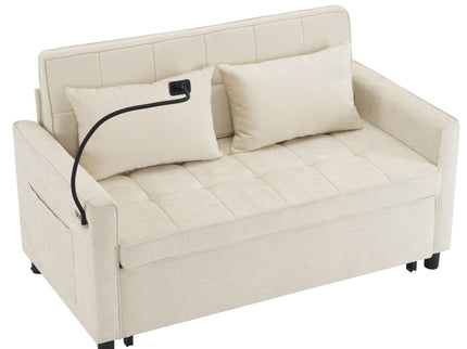 Pull-Out Sleeper Sofa With Reversible Backrest Cushion, Side Pockets, 2 USB Ports And A Phone Holder For Living Room