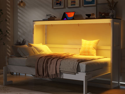 Murphy Bed With LED Light, Foldable Wall Bed Cabinet