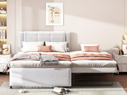 Upholstery Platform Bed With Trundle, Trundle Can Be Flat Or Erected
