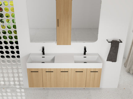 Floating Double Sink Bathroom Vanity Set With Tall Linen Cabinet, Extra Large Storage, Integrated Sink, Soft Close Doors - Glossy White / Light Oak