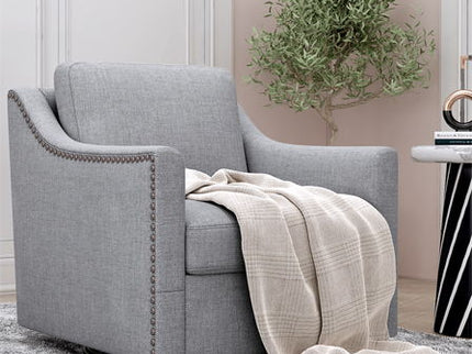 360 Degree Swivel Armchair, Skin Friendly Fabric, Ergonomic Design, Brass Nail Decorative Armchair