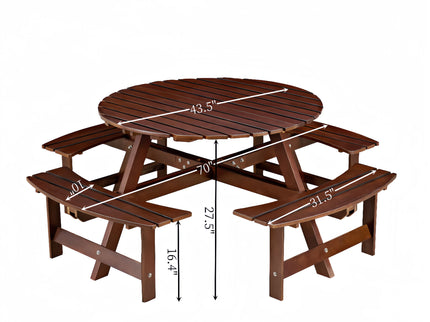 8 Person Round Picnic Table With 4 Built In Benches, Umbrella Hole For Garden - Brown